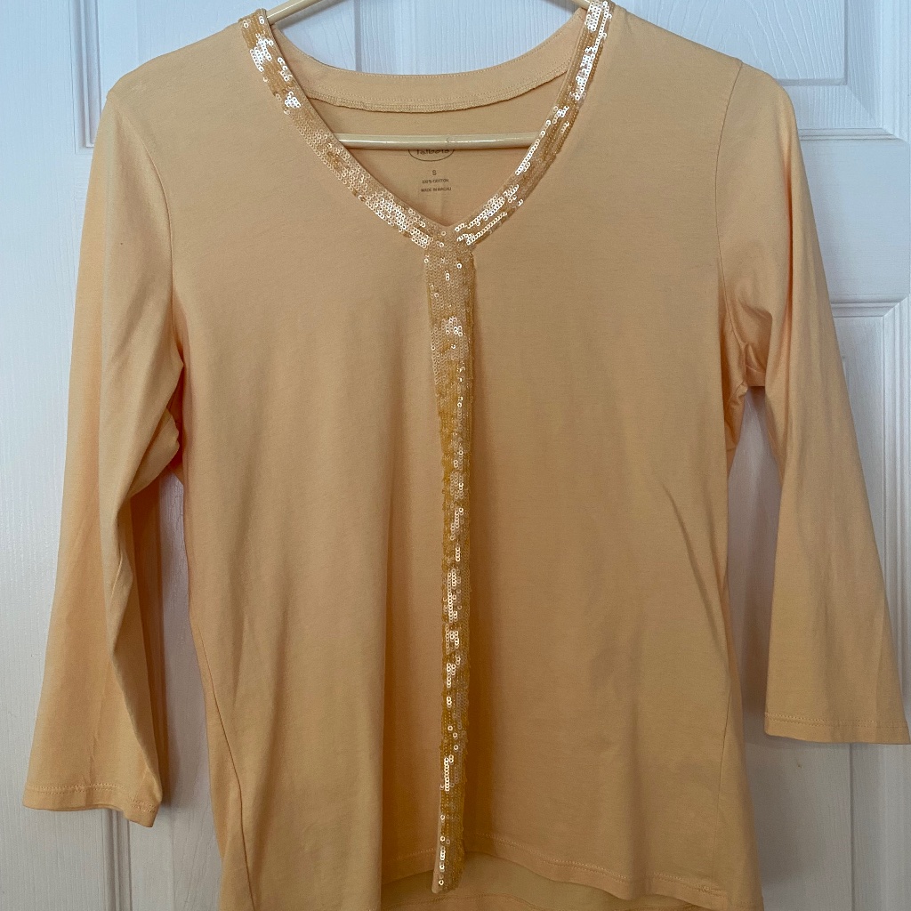Talbots 100% Cotton S 3/4 Sleeve V-Neck Sequined Soft Yellow-Orange Top
